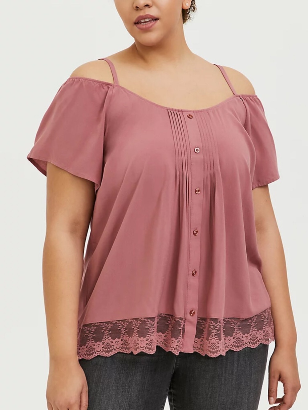 Torrid Top 2X Blouse Pink/Rose Lace Hem Cold Shoulder Pintuck Pleats Plus Size
